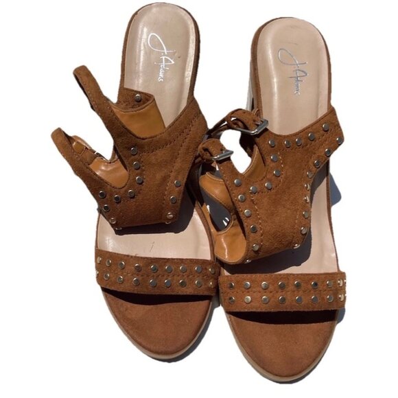 J Adams Brown Print Women’s Sz 11 Gold Studded Double Belt Strap Heel Shoes - Picture 4 of 16